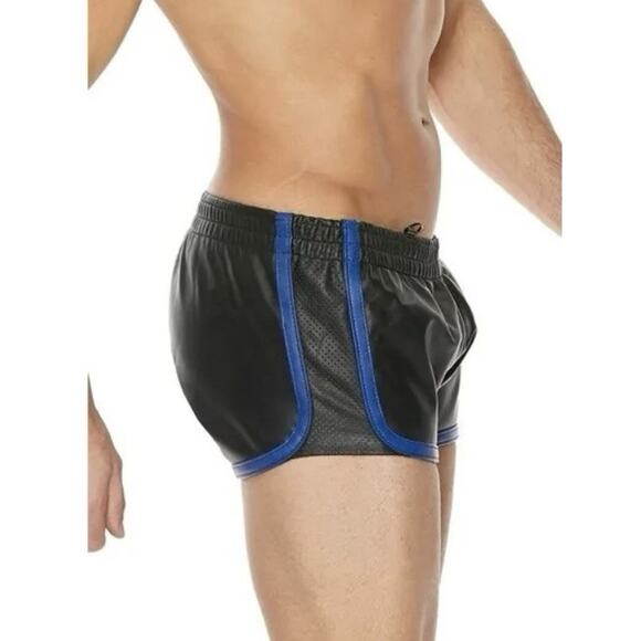 🦋B2G1🦋SHOTS OUCH Uomo Versatile Leather Shorts Gay Style Black/Blue - Picture 4 of 5